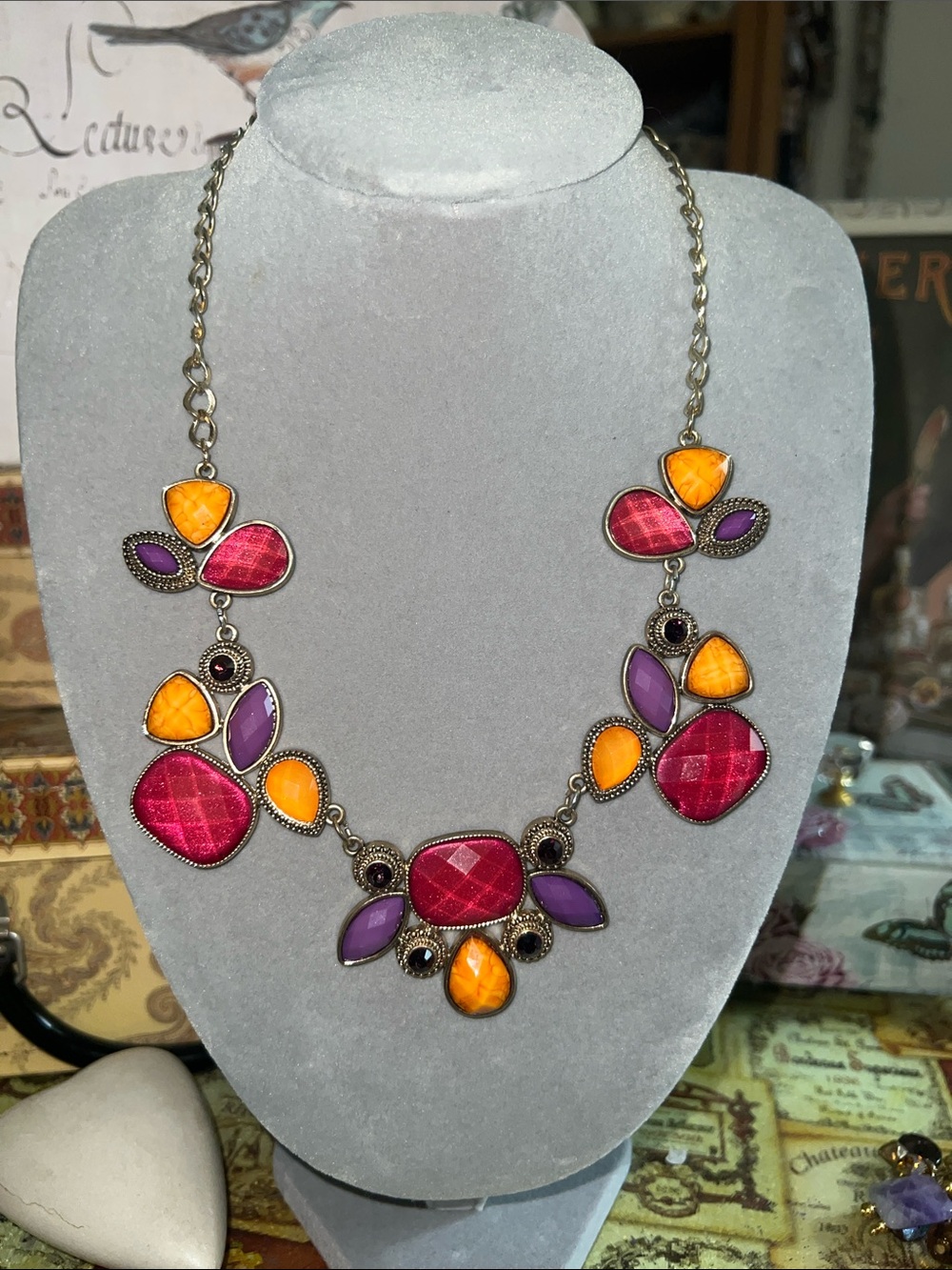 Colorful Gemstone Statement Necklace - Purple, Pink & Orange